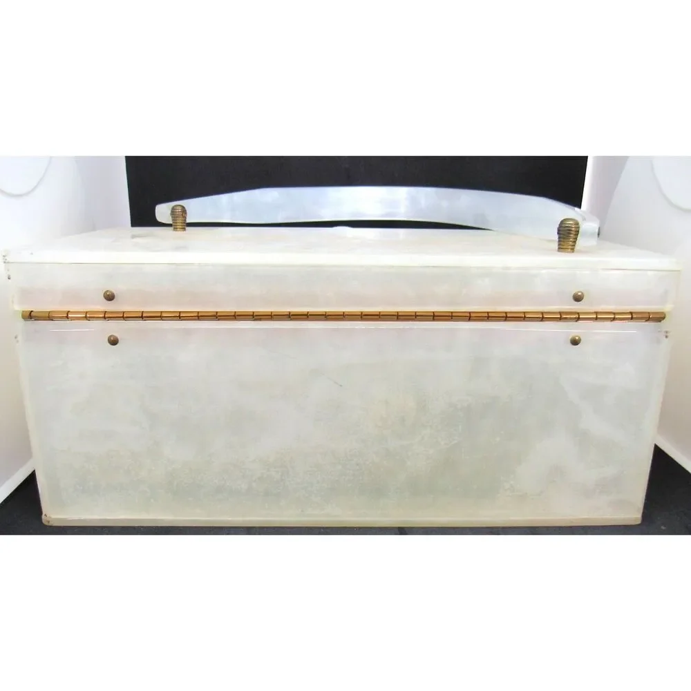 Vintage pearlized lucite purse box filigree clasp 1950 mirrored interior Wilardy
